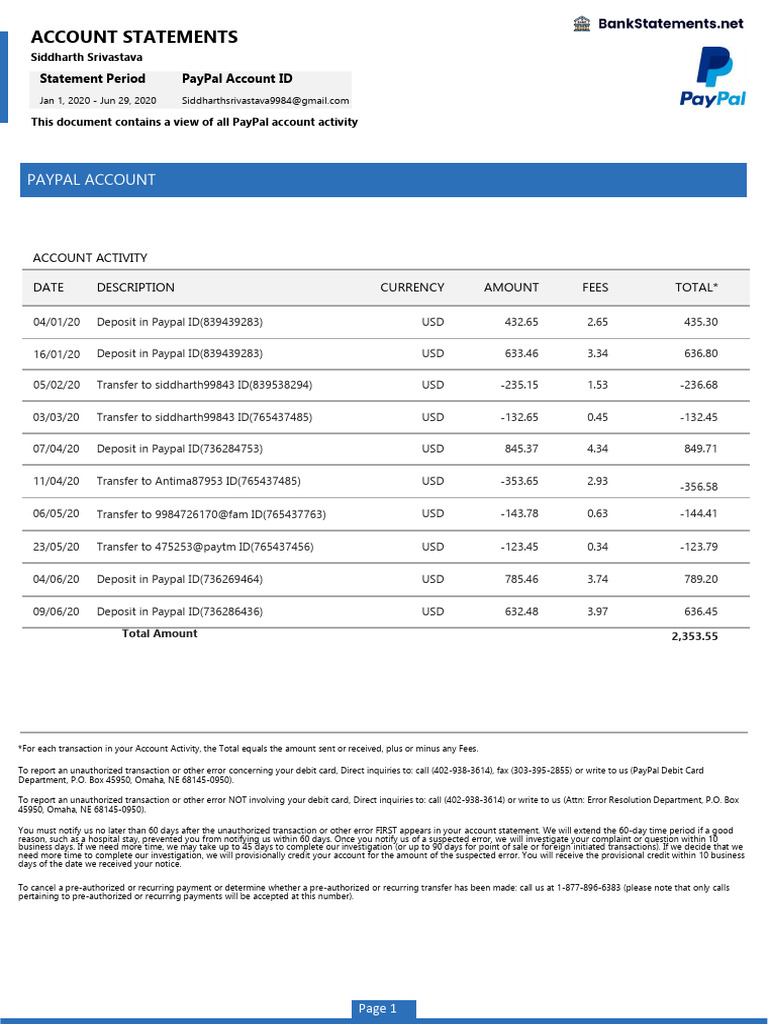 Paypal Bank Statement Template