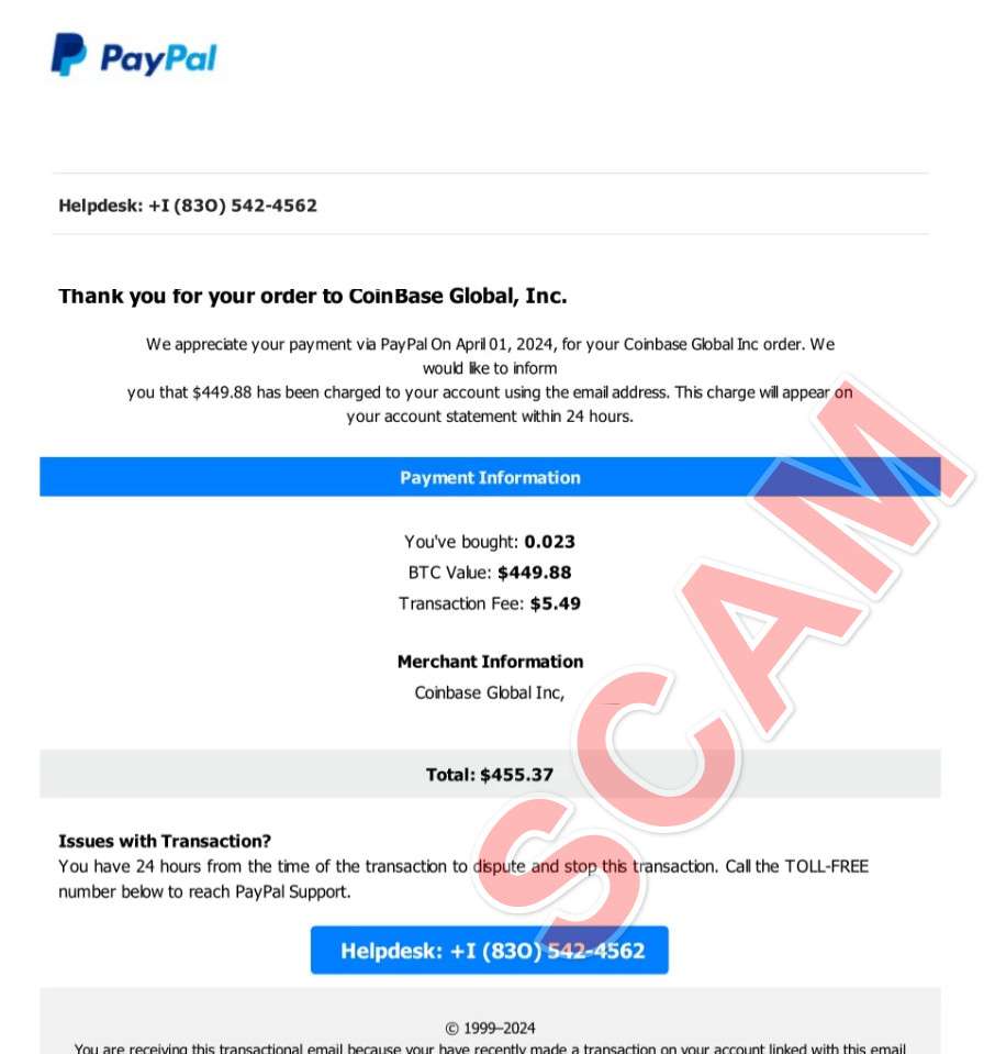 Paypal Coinbase Crypto Scam Using Fake Invoice And Support Numbers